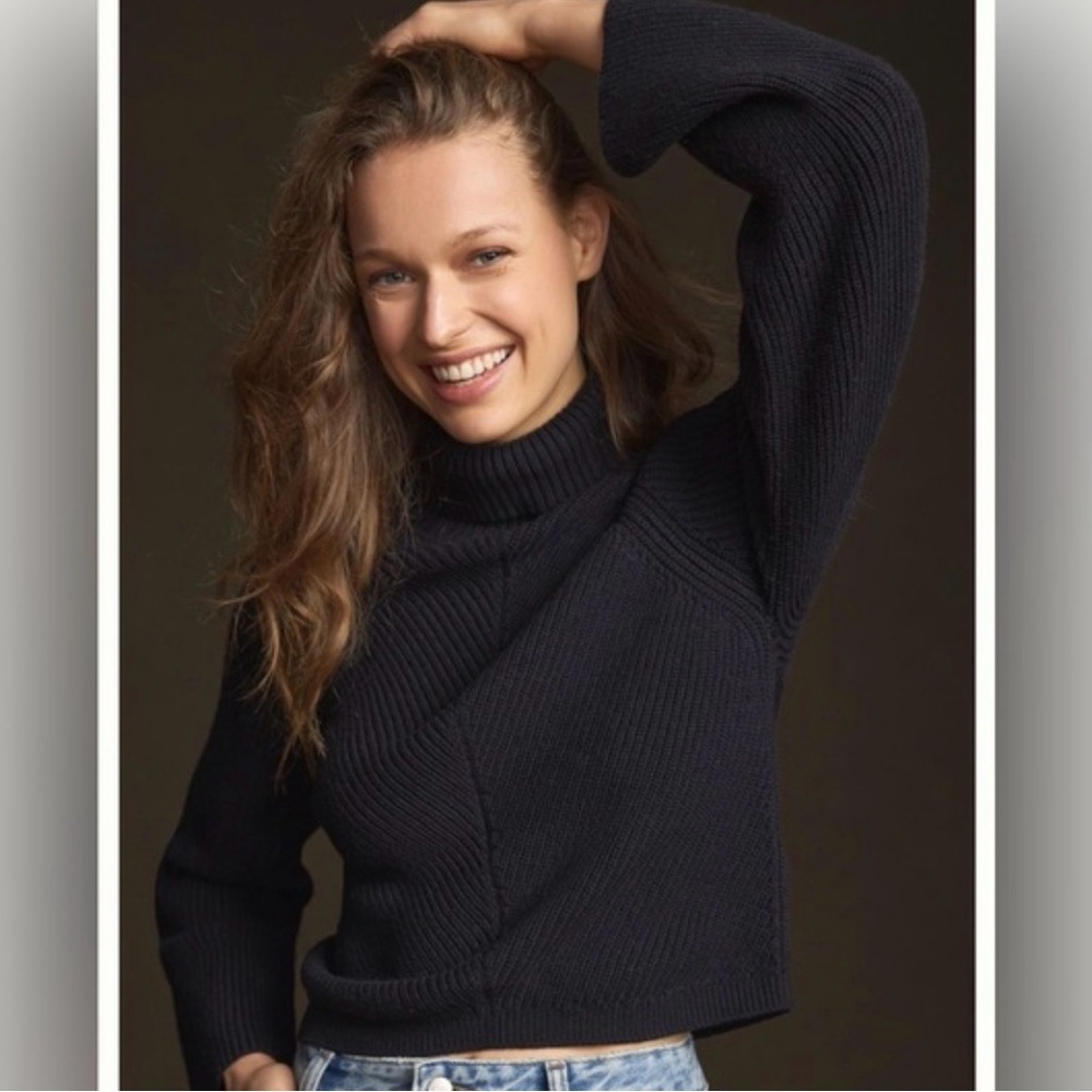 Maeve X Anthropologie Cropped Black Wool Blend Turtleneck Sweater Size Small.